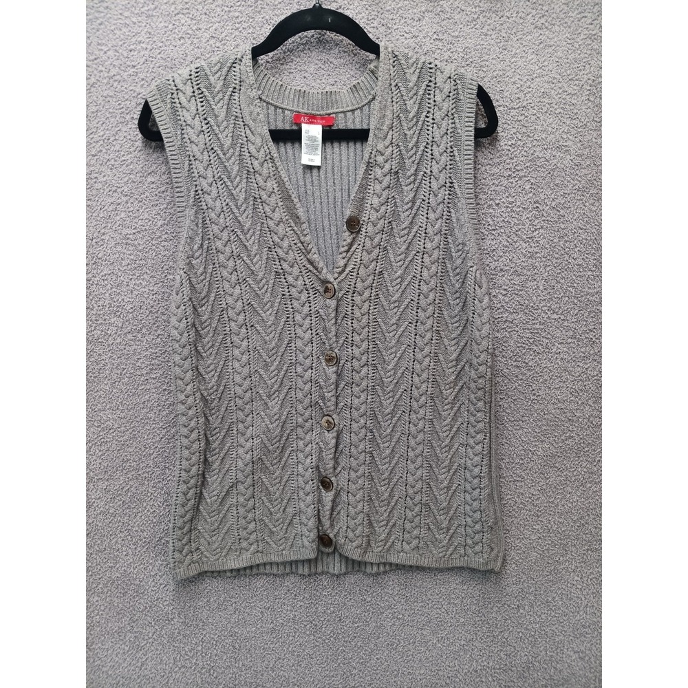 Anne Klein Sweater Vest Womens L Gray Cable Knit Button Front Preppy